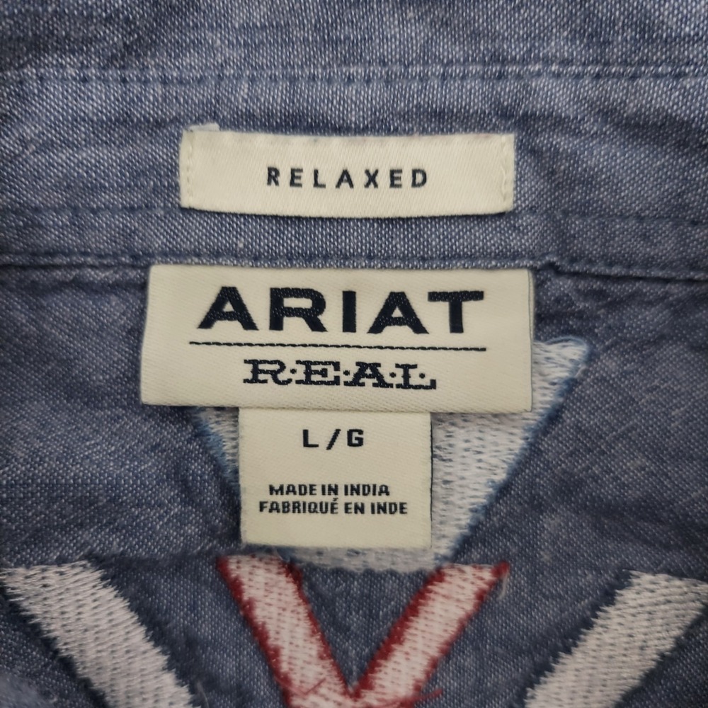 ARIAT REAL Shirt Womens Large Chambray Blue Aztec Design Relaxed Long Sleeve - Picture 3 of 10